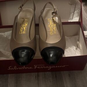 Salvatore Ferragamo Women's Black and Tan Slingback Flats